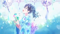 Rule 34 | 1girl, :d, artist name, black hair, black nails, blue kimono, blurry, blurry foreground, brown eyes, commentary request, cup, depth of field, disposable cup, fingernails, food, grey ribbon, hair between eyes, hair ribbon, hands up, haruri, highres, holding, holding cup, ice cream, idolmaster, idolmaster cinderella girls, idolmaster cinderella girls starlight stage, japanese clothes, kimono, long fingernails, long hair, long sleeves, looking away, mole, mole under eye, nail polish, open mouth, print kimono, profile, ribbon, sharp teeth, smile, soft serve, solo, summer, sunazuka akira, teeth, twintails, upper body, wide sleeves, wind chime