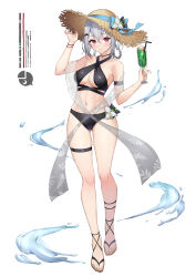 Rule 34 | 1girl, absurdres, alternate costume, bikini, black bikini, black footwear, bracelet, braided hair rings, breasts, cocktail, criss-cross halter, cup, feet, flower, food, full body, grey hair, hair between eyes, hair ornament, hairclip, hakase fuyuki, halterneck, hat, highres, holding, holding cup, ice cream, ice cream float, jewelry, large breasts, legs, long hair, looking at viewer, myske (myst34415756), necklace, nijisanji, red eyes, ribbon, sandals, shawl, simple background, skindentation, solo, standing, straw hat, sun hat, swimsuit, tachi-e, thigh strap, toenails, toes, virtual youtuber, white background