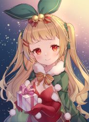 Rule 34 | 1girl, azur lane, bell, blonde hair, box, cape, christmas present, commission, commissioner upload, dress, earrings, fur-trimmed cape, fur-trimmed gloves, fur trim, gift, gift box, gloves, green cape, green ribbon, hair ornament, hair ribbon, hairclip, highres, holding, holding gift, jenkins (azur lane), jenkins (light of the holiest star) (azur lane), jewelry, long hair, looking at viewer, official alternate costume, red dress, red eyes, red gloves, ribbon, skeb commission, smile, solo, star (symbol), strapless, strapless dress, wavy hair, yellow ribbon, yoshino saku