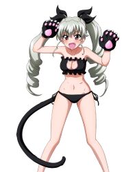 Rule 34 | 1girl, anchovy (girls und panzer), animal ears, arms up, bare legs, blush, breasts, brown eyes, cat lingerie, cat tail, cleavage, cleavage cutout, clothing cutout, drill hair, fake animal ears, fake tail, fang, girls und panzer, gloves, grey hair, highres, key (gaigaigai123), large breasts, long hair, looking at viewer, meme attire, navel, open mouth, panties, paw gloves, paws, shiny skin, side-tie panties, simple background, smile, solo, tail, twin drills, twintails, underwear, underwear only, white background, wide hips