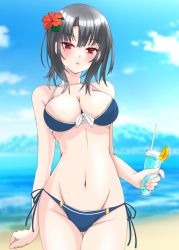 Rule 34 | 1girl, absurdres, beach, bikini, black hair, blue bikini, blue sky, blurry, blurry background, breasts, cleavage, cloud, commentary request, cowboy shot, day, drink, groin, highres, holding, kantai collection, large breasts, looking at viewer, nitamako (sakamalh), ocean, outdoors, red eyes, short hair, side-tie bikini bottom, sky, solo, swimsuit, takao (kancolle)
