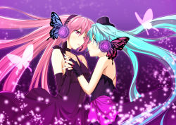 Rule 34 | 2girls, aqua eyes, aqua hair, aqua nails, bare shoulders, bug, butterfly, butterfly hair ornament, butterfly wings, choker, dress, elbow gloves, eye contact, face-to-face, fingerless gloves, gloves, hair ornament, hat, hatsune miku, headphones, headset, holding hands, insect, insect wings, long hair, looking at another, magnet (vocaloid), megurine luka, mini hat, mini top hat, mtu (orewamuzituda), multiple girls, nail polish, pink eyes, pink hair, pink nails, strapless, strapless dress, top hat, twintails, very long hair, vocaloid, wings, yuri