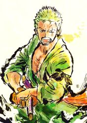 Rule 34 | 1boy, absurdres, bandana around arm, commentary request, cowboy shot, earrings, furol nicoco, green hair, green kimono, green theme, highres, holding, holding sword, holding weapon, japanese clothes, jewelry, kimono, looking at viewer, male focus, one eye closed, one piece, open mouth, roronoa zoro, sash, scar, scar across eye, short hair, simple background, solo, sword, upper body, v-shaped eyebrows, weapon