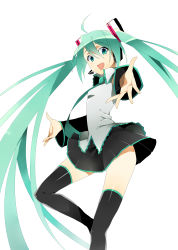 Rule 34 | 1girl, absurdres, ahoge, catgirl0926, detached sleeves, green eyes, green hair, hatsune miku, headset, highres, long hair, matching hair/eyes, necktie, open mouth, simple background, skirt, solo, thighhighs, twintails, very long hair, vocaloid, white background