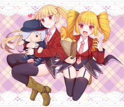 Rule 34 | 2girls, :d, akausagi, asmodeus (umineko), bag, baguette, beelzebub (umineko), black legwear, black leotard, blonde hair, boots, border, bread, character doll, closed mouth, collared shirt, croissant, doll, drill hair, food, food on face, frilled sleeves, frills, garter straps, highres, holding, holding bag, holding doll, holding stuffed toy, jacket, lace, lace border, leotard, long hair, long sleeves, multiple girls, necktie, open clothes, open jacket, open mouth, ornate border, paper bag, pink neckwear, red jacket, shirt, smile, stuffed toy, suit jacket, thighhighs, twin drills, umineko no naku koro ni