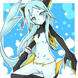 Rule 34 | 00s, 1girl, animal ears, aqua (tales of symphonia), blue background, blue eyes, blue hair, blush, breasts, colored skin, earrings, jewelry, long hair, lowres, namco, tales of (series), tales of symphonia, tales of symphonia: dawn of the new world, white skin