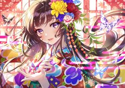 Rule 34 | 1girl, blue flower, blush, brown hair, bug, butterfly, chrysanthemum print, commentary request, egasumi, eyeshadow, floating hair, floral print, flower, hair flower, hair ornament, hand on own chest, highres, insect, japanese clothes, kimono, long hair, looking at viewer, makeup, morikura en, nail polish, origami, original, outstretched hand, parted lips, purple eyes, purple flower, red eyeshadow, red flower, solo, yellow flower
