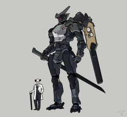 Rule 34 | 1boy, bad id, bad twitter id, bald, black hair, dated, grey background, highres, looking at viewer, mecha, moi moi7, original, robot, science fiction, standing, visor