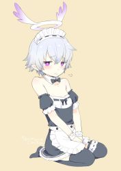 Rule 34 | 1boy, 3:, alternate costume, angel, bad id, bad twitter id, black thighhighs, blush, crossdressing, detached collar, embarrassed, enmaided, full body, garter straps, halo, highres, looking at viewer, luke venus, maid, male focus, pointy ears, pop-up story, purple eyes, silver hair, simple background, solo, thighhighs, trap, tsumura chita, wrist cuffs