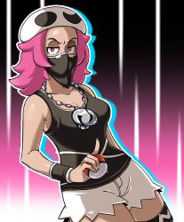 Rule 34 | 1girl, arm at side, armpit crease, bandana, bandana over mouth, bare shoulders, black background, black tank top, black wristband, breasts, collarbone, covered mouth, cowboy shot, creatures (company), cutoffs, fingernails, game freak, glint, gradient background, half-closed eyes, hat, highres, holding, holding poke ball, index finger raised, jewelry, long fingernails, looking at viewer, mask, medium breasts, medium hair, necklace, nintendo, outline, paperrose, pink background, pink eyes, pink hair, poke ball, poke ball (basic), pokemon, pokemon sm, short shorts, shorts, silhouette, skull-shaped hat, skull hat, sleeveless, solo, standing, tank top, team skull, team skull grunt, thigh strap, white background, white outline, wristband