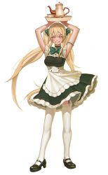 Rule 34 | 1girl, armband, arms up, black dress, black footwear, blonde hair, bow, breasts, cup, dress, frills, full body, garter straps, green bow, hair bow, holding, holding tray, long hair, maid, medium breasts, original, pil tor, pink eyes, simple background, smile, standing, teacup, teapot, thighhighs, tray, twintails, very long hair, white background