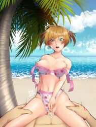 Rule 34 | 1boy, 1girl, abs, absurdres, bare shoulders, beach, bikini, blonde hair, blue sky, blush, blush stickers, breasts, clitoral stimulation, clothing aside, cloud, cowgirl position, cum, cum in pussy, cum on legs, day, fate/grand order, fate (series), food print, fujimaru ritsuka (male), gareth (fate), gareth (swimsuit saber) (fate), gareth (swimsuit saber) (second ascension) (fate), girl on top, green eyes, hands on another&#039;s thighs, hetero, highres, large breasts, motion lines, navel, nipples, non-web source, ocean, one eye closed, outdoors, palm tree, penis, saliva, saliva trail, sand, sex, signature, sky, smile, solo focus, straddling, strawberry print, swimsuit, swimsuit aside, tree, trembling, vaginal, wardrobe malfunction, water, yashrimp