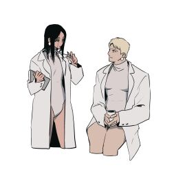 Rule 34 | 2boys, absurdres, alternate hairstyle, cropped legs, crossdressing, cup, doctor, earrings, eren yeager, highres, holding, holding notepad, invisible chair, jewelry, lab coat, large pectorals, leotard, long hair, male focus, mug, multiple boys, notepad, pectorals, pen, reiner braun, shingeki no kyojin, short hair, sitting, smile, syabbal-i