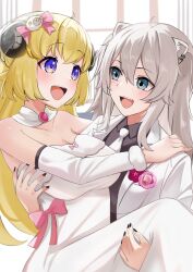 Rule 34 | 2girls, animal ears, black nails, blonde hair, blue eyes, blush, bow, breasts, carrying, cleavage, couple, detached sleeves, dress, eye contact, eyebrows hidden by hair, female focus, formal, grey hair, hair between eyes, hair bow, hair ornament, happy, highres, hololive, horns, indoors, jewelry, large breasts, leo (f mmmnkm paint), lion ears, lion girl, looking at another, multiple girls, nail polish, neck, necklace, necktie, open mouth, princess carry, sheep girl, sheep hair ornament, sheep horns, shishiro botan, smile, strapless, strapless dress, suit, tsunomaki watame, virtual youtuber, wedding, wedding dress, white dress, wife and wife, yuri