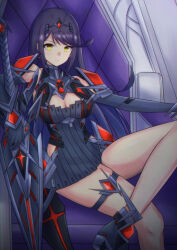 Rule 34 | 1girl, absurdres, aegis sword (xenoblade), black hair, breasts, chest jewel, cleavage, cleavage cutout, clothing cutout, corruption, dark persona, dress, earrings, gem, gloves, headpiece, highres, jewelry, large breasts, latte, long hair, looking at viewer, mythra (xenoblade), purple hair, sitting, solo, swept bangs, tiara, very long hair, xenoblade chronicles (series), xenoblade chronicles 2, yellow eyes
