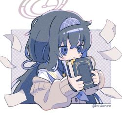 Rule 34 | 1girl, black hair, blue archive, blue eyes, blue neckwear, book, brown cardigan, cardigan, checkered background, cropped torso, hair between eyes, halo, hands up, highres, holding, holding book, koru koruno, long hair, long sleeves, looking away, low twintails, off shoulder, paper, puffy long sleeves, puffy sleeves, ringed eyes, sailor collar, shirt, sleeves past wrists, solo, twintails, twitter username, ui (blue archive), upper body, white sailor collar, white shirt