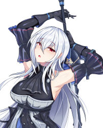 Rule 34 | 1girl, absurdres, arknights, armpits, arms up, ascot, bare shoulders, black ascot, black gloves, boomer mountain, breasts, commentary request, detached sleeves, gloves, hair between eyes, highres, holding, holding sword, holding weapon, large breasts, looking at viewer, no headwear, open mouth, red eyes, simple background, skadi (arknights), sleeveless, solo, sword, upper body, weapon, white background, white hair