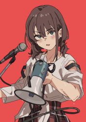 Rule 34 | 1girl, blue eyes, brown hair, clothing cutout, collarbone, cowboy shot, geng99161, girls band cry, hair between eyes, highres, holding, holding megaphone, iseri nina, long hair, looking at viewer, low twintails, megaphone, microphone, open mouth, plaid, plaid skirt, red background, red skirt, shirt, shirt partially tucked in, short hair, short sleeves, short twintails, shoulder cutout, simple background, skirt, solo, sparkle, sweat, tied shirt, twintails, white shirt