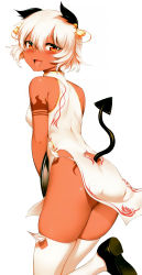 Rule 34 | 10s, 1girl, :3, :d, absurdres, animal ears, ass, ass cutout, bare shoulders, black rock shooter, blush, china dress, chinese clothes, clothing cutout, dark-skinned female, dark skin, demon tail, dress, earrings, hair between eyes, highres, hoop earrings, jewelry, leg up, legs together, looking at viewer, looking back, m-da s-tarou, open mouth, orange eyes, panties, scan, short hair, side-tie panties, side slit, simple background, skindentation, sleeveless, smile, solo, strength (black rock shooter), string panties, tail, tail through clothes, tareme, tattoo, thighhighs, tray, underwear, white background, white dress, white hair, white panties, white thighhighs