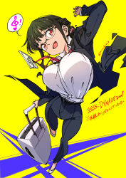 Rule 34 | 1girl, anosillus ii, badge, black suit, blue sky, collared shirt, copyright name, dress shirt, earrings, fang, formal, glasses, green hair, gridman universe, heart, heart earrings, highres, id card, jewelry, lanyard, nirak, office lady, open mouth, red eyes, shirt, sky, ssss.dynazenon, suit, suitcase, treble clef, twitter username, white shirt, wind, yellow background