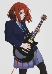 Rule 34 | 1girl, artist request, black pantyhose, blazer, bow, brown eyes, brown hair, buttoned cuffs, buttons, cable, collared shirt, electric guitar, gibson les paul, grey background, guitar, hair between eyes, hair ornament, hairclip, highres, hirasawa yui, instrument, jacket, k-on!, looking down, medium hair, pantyhose, pleated skirt, school uniform, shirt, simple background, skirt, solo, tagme, white shirt