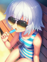 Rule 34 | 1girl, bad id, bad pixiv id, bench, breasts, child, eating, fate/apocrypha, fate (series), food, green eyes, highres, jack the ripper (fate/apocrypha), kaina (tsubasakuronikuru), looking at viewer, one-piece swimsuit, open mouth, popsicle, scar, short hair, silver hair, sitting, small breasts, solo, striped clothes, striped one-piece swimsuit, sunglasses, swimsuit