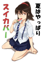 Rule 34 | 1girl, bad id, bad pixiv id, barefoot, brown eyes, brown hair, feet, food, from above, gus (clarkii), hands on feet, long hair, looking at viewer, necktie, original, popsicle, school uniform, scrunchie, sitting, solo, translation request, wariza, watermelon bar, white background