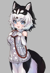 Rule 34 | 1girl, animal ears, black hair, blue eyes, blush, dog girl, elbow gloves, fictional persona, gloves, kemono friends, leash, looking at viewer, nyifu, original, pantyhose, parted lips, smile, solo, sweater, tail, white hair, white sweater, wolf ears, wolf girl, wolf tail
