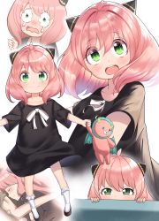 Rule 34 | 1girl, absurdres, anya (spy x family), black dress, blush, child, collarbone, director chimera (spy x family), dress, green eyes, hair between eyes, highres, holding, holding stuffed toy, kaku yone, looking at viewer, multiple views, open mouth, pink hair, short hair, short sleeves, simple background, sleeping, smile, socks, spy x family, standing, stuffed animal, stuffed toy, tears, teeth, upper teeth only, wavy eyes, wavy mouth, white background