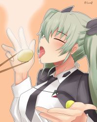 Rule 34 | 10s, 1girl, anchovy (girls und panzer), black necktie, black ribbon, capelet, chopsticks, commentary request, dateya torahachi, girls und panzer, green hair, hair ribbon, highres, long hair, necktie, open mouth, orange background, ribbon, simple background, solo, steam, tongue, tongue out, twitter username, upper body