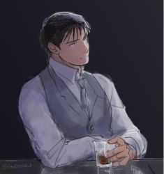 Rule 34 | 1boy, arm support, black background, black eyes, black hair, buttons, closed mouth, collared shirt, counter, cup, dark background, dress shirt, drink, drinking glass, facing viewer, fullmetal alchemist, glass, grey necktie, grey vest, hair strand, holding, holding cup, ice, ice cube, light smile, looking afar, male focus, necktie, reflection, roy mustang, shadow, shirt, simple background, spiked hair, tsurime, urikurage, vest, white shirt