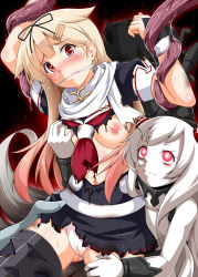 Rule 34 | 10s, 2girls, abyssal ship, airfield princess, blonde hair, grabbing another&#039;s breast, breasts, colored skin, gagged, grabbing, gradient hair, hair flaps, hair ribbon, highres, horns, kantai collection, long hair, multicolored hair, multiple girls, navel, nipples, orange hair, panties, pink eyes, red eyes, remodel (kantai collection), ribbon, scarf, tentacles, tjk, torn clothes, underwear, wet, wet clothes, wet panties, white hair, white skin, yopparai oni, yuudachi (kancolle)