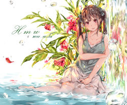 Rule 34 | 1girl, artist name, bare arms, bare shoulders, blush, bow, breasts, brown hair, cleavage, collarbone, dated, dema hmw, flower, flower request, hair bow, long hair, looking at viewer, miniskirt, no shoes, original, parted lips, partially submerged, plant, red eyes, red flower, reflection, refraction, shirt, sitting, skirt, sleeveless, sleeveless shirt, smile, solo, teeth, thighhighs, twintails, upper teeth only, water, water drop, waterfall, white skirt, white thighhighs, yokozuwari