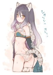 Rule 34 | 1girl, 7010, animal ear fluff, animal ears, ass, black hair, blush, breasts, closed mouth, commentary request, fur trim, long hair, looking at viewer, panties, princess connect!, see-through, see-through panties, shiori (princess connect!), small breasts, solo, tail, translation request, underwear, wet, white panties, yellow eyes