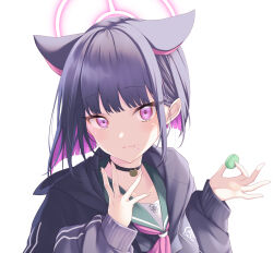 Rule 34 | 1girl, animal ears, black choker, black hair, black jacket, blue archive, cat ears, choker, closed mouth, collarbone, colored inner hair, eating, fingernails, food, food on face, green sailor collar, highres, holding, holding food, hood, hooded jacket, jacket, kazusa (blue archive), long sleeves, looking at viewer, midorino eni, multicolored hair, pink eyes, pink hair, sailor collar, short hair, simple background, solo, two-tone hair, upper body, white background