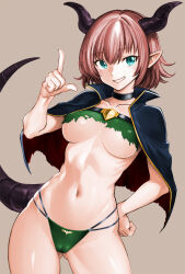 Rule 34 | 1girl, black choker, blue eyes, breasts, cameltoe, capelet, choker, collarbone, covered erect nipples, cowboy shot, dragon girl, dragon horns, dragon tail, gluteal fold, green panties, grey background, grin, hand on own hip, hand up, high collar, highres, horns, legs apart, medium breasts, midriff, minamoto80486, navel, original, panties, pink hair, pointy ears, short hair, simple background, smile, solo, tail, tail raised, teeth, torn capelet, torn clothes, underboob, underwear
