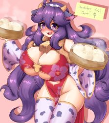 Rule 34 | 1girl, @ @, alternate breast size, breasts, china dress, chinese clothes, cleavage, cleavage cutout, clothing cutout, creatures (company), curvy, dress, embarrassed, food, game freak, hex maniac (pokemon), highres, holding, holding food, huge breasts, inktober, messy hair, mud (artist), nintendo, open mouth, pokemon, pokemon xy, purple eyes, purple hair, shiny skin, solo