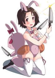 Rule 34 | 1girl, animal ears, bare shoulders, black footwear, blush, bow, bowtie, breasts, brown eyes, brown hair, buchikaki, carrot, cleavage, covered navel, detached collar, dual wielding, fake animal ears, girls und panzer, groin, high heels, holding, holding knife, kneeling, knife, legs, leotard, looking at viewer, open mouth, pink bow, pink leotard, pink ribbon, playboy bunny, rabbit, rabbit ears, ribbon, sawa azusa, short hair, sparkle, thighhighs, thighs, white background, white thighhighs, wrist cuffs