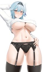 Rule 34 | 1girl, :/, absurdres, alternate costume, aqua hair, arm behind head, arm up, black garter belt, black hairband, black panties, black thighhighs, blush, breasts, closed mouth, commentary, covered erect nipples, crop top, eula (genshin impact), floral print, from below, garter belt, genshin impact, gluteal fold, gradient eyes, hair ornament, hairband, highres, large breasts, long sleeves, looking at viewer, multicolored eyes, navel, nvl, panties, shiny skin, shirt, short hair, sidelocks, simple background, skindentation, solo, stomach, sweatdrop, thighhighs, twitter username, underboob, underwear, v-shaped eyebrows, white background, white shirt, yellow eyes