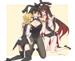 Rule 34 | 1boy, 2girls, alternate costume, animal ears, bare legs, bare shoulders, bdsm, black hair, black leotard, black shorts, blonde hair, blush, bondage, bound, breasts, brown hair, bulge, chain, cleavage cutout, clothing cutout, collar, colored tips, detached sleeves, erection, erection under clothes, eyeliner, eyeshadow, fake animal ears, fake tail, flower-shaped pupils, genshin impact, gradient hair, hair between eyes, hand on another&#039;s thigh, high heels, highres, hu tao (genshin impact), kneeling, leotard, long hair, lumine (genshin impact), makeup, male playboy bunny, medium breasts, momecook, multicolored hair, multiple girls, naughty face, navel, one eye closed, open mouth, pantyhose, playboy bunny, rabbit ears, rabbit tail, red eyes, red eyeshadow, short hair, short hair with long locks, shorts, sidelocks, smile, star-shaped pupils, star (symbol), strapless, strapless leotard, symbol-shaped pupils, tail, tailcoat, thighhighs, twintails, vest, white sleeves, wrist cuffs, yellow eyes, zhongli (genshin impact)