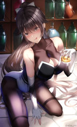 Rule 34 | 1girl, :q, absurdres, artist name, azur lane, bare shoulders, bodystocking, bow, breasts, cleavage cutout, clothing cutout, cup, elbow gloves, extra ears, eyes visible through hair, fingerless gloves, gloves, highres, holding, holding cup, indoors, large breasts, leaning forward, licking lips, long hair, misa pika, multicolored leotard, official alternate costume, orange eyes, pantyhose, ponytail, race queen, skin tight, solo, takao (azur lane), takao (full throttle charmer) (azur lane), tongue, tongue out, two-tone leotard, unitard, very long hair, white bow, white gloves