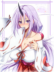 Rule 34 | 1girl, 1other, akatsuki (ggsy7885), black horns, blush, breasts, cleavage, fingernails, highres, horns, japanese clothes, large breasts, long hair, looking at viewer, oni, purple eyes, purple hair, purple nails, rimuru tempest, shion (tensei shitara slime datta ken), single horn, slime (creature), tensei shitara slime datta ken, very long hair