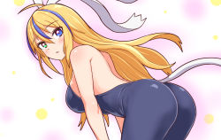 Rule 34 | 1girl, ass, bare shoulders, bent over, blaster master zero, blonde hair, blue eyes, blue hair, bodysuit, breasts, cougar (cougar1404), eve (blaster master zero), from behind, green eyes, hair ribbon, heterochromia, large breasts, leaning, leaning forward, long hair, looking at viewer, multicolored hair, parted lips, ribbon, shiny clothes, shiny skin, sideboob, solo, streaked hair, very long hair