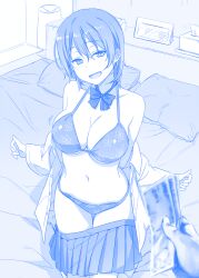 Rule 34 | 1boy, 1girl, :d, banknote, bed, bikini, bikini under clothes, blue theme, bow, bowtie, breasts, cleavage, clothes pull, commentary, getsuyoubi no tawawa, hair between eyes, himura kiseki, holding, holding money, indoors, kneeling, large breasts, looking at viewer, money, monochrome, navel, off shoulder, on bed, open clothes, open mouth, open shirt, out of frame, pillow, pleated skirt, pov, pov hands, print bikini, shirt pull, short hair, single hand, skirt, skirt pull, smile, socks, solo focus, swimsuit, underboob, undressing