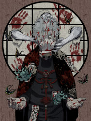 Rule 34 | 10s, 1boy, bad id, bad pixiv id, black shirt, blood, boku no hero academia, bug, butterfly, charm (object), covering face, disembodied hand, grey hair, hand on own face, handprint, insect, japanese clothes, kimono, looking at viewer, male focus, messy hair, nekodou (yukatin1000), red eyes, shigaraki tomura, shirt, solo