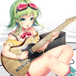 Rule 34 | 1girl, :d, bare shoulders, black-framed eyewear, boots, bow, brown shirt, commentary request, cross-laced footwear, electric guitar, fender telecaster, fingernails, goggles, goggles on head, green eyes, green hair, guitar, gumi, highres, holding, holding instrument, instrument, lace-up boots, long hair, looking at viewer, nametakenoko, off-shoulder shirt, off shoulder, open mouth, red-tinted eyewear, red bow, shirt, sitting, smile, solo, speaker, strap slip, striped, striped bow, thigh strap, tinted eyewear, v-shaped eyebrows, vocaloid, white background, white footwear, wing collar, wrist cuffs