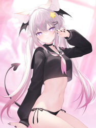 Rule 34 | 1girl, annytf, bat wings, black choker, black nails, black panties, black sailor collar, black wings, bright pupils, choker, commentary, commission, crop top, demon tail, grey hair, hair ornament, hairclip, head wings, heart, heart-shaped pupils, highres, indie virtual youtuber, long hair, neckerchief, panties, pink hair, pink neckerchief, purple eyes, sailor collar, skeb commission, smile, snow is, solo, star (symbol), star hair ornament, symbol-shaped pupils, tail, twintails, underwear, very long hair, white pupils, wings