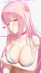 Rule 34 | 1girl, absurdres, animal collar, arm under breasts, bare shoulders, bikini, blue archive, breasts, cherrymaru, closed mouth, collar, halo, heart, highres, large breasts, leash, light blush, long hair, looking at viewer, mika (blue archive), pink collar, pink hair, pink halo, simple background, solo, sweatdrop, swimsuit, upper body, very long hair, white background, white bikini, yellow eyes