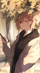 Rule 34 | 1girl, black hoodie, hair ornament, hairclip, hand in pocket, highres, holding, holding phone, hood, hoodie, jacket, looking at viewer, mole, mole under eye, nail polish, open mouth, original, outdoors, phone, red hair, short hair, solo, standing, sunlight, takagaki eru, tree
