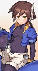 Rule 34 | absurdres, aile (mega man zx), blue jacket, bonoshii, breasts, brown hair, covered navel, cowboy shot, cropped jacket, green eyes, highres, jacket, linea alba, long hair, looking at viewer, mega man (series), mega man zx, mega man zx advent, motor vehicle, motorcycle, open mouth, ponytail, robot ears, short sleeves, shorts, small breasts, smile, white background, white shorts, yellow background
